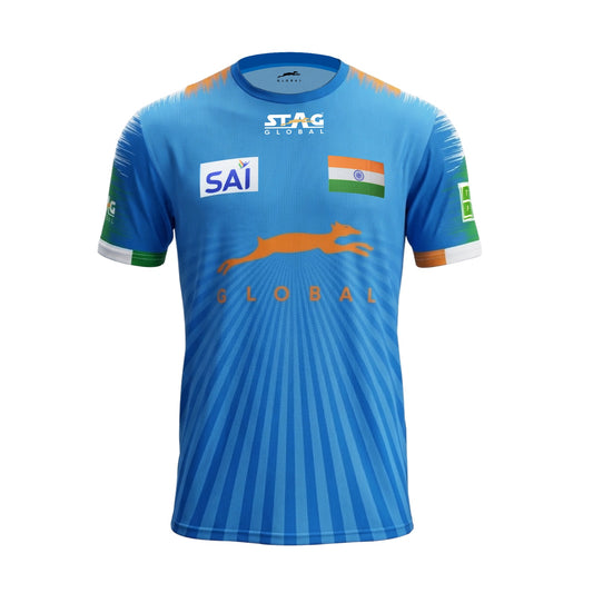 STAG GLOBAL Team India Sports Jersey for Men & Women | Peach Mesh Fabric | 4-Way Stretch | Breathable Athletic T-Shirt | Black & Sky Blue