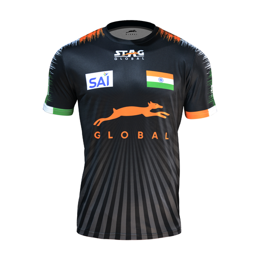 STAG GLOBAL Team India Sports Jersey for Men & Women | Peach Mesh Fabric | 4-Way Stretch | Breathable Athletic T-Shirt | Black & Sky Blue
