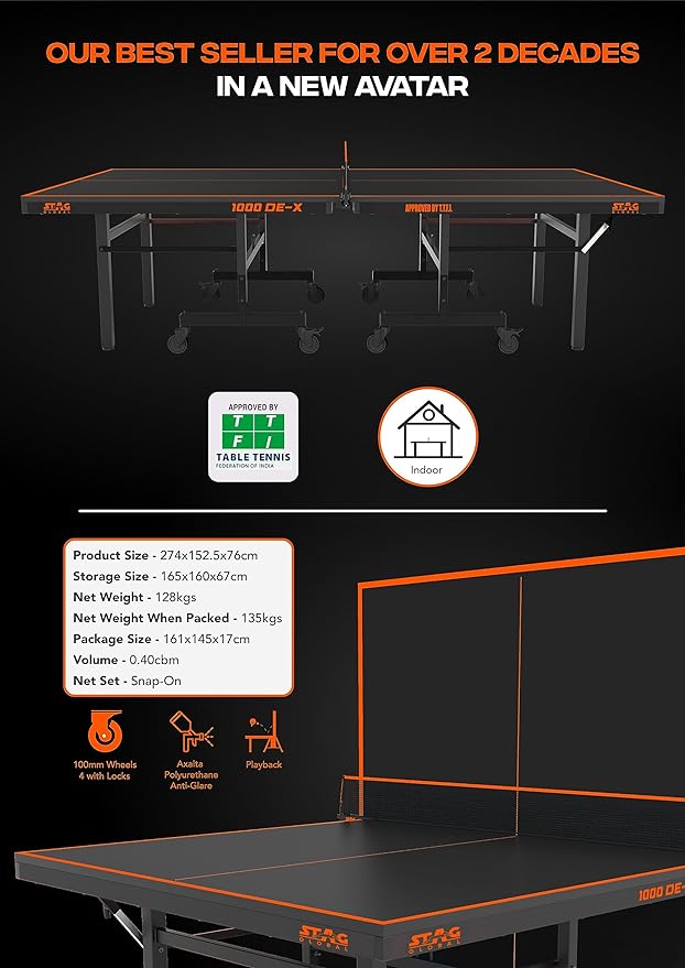 Stag Global 1000 DE-X Premium Table Tennis Table || Full Size Professional Table with 10 Minute Quick Easy Setup || Single Player Playback Mode (1 Table Cover,2 TT Rackets,3 Balls,1 Clamp Net)