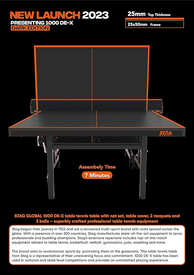 Stag Global 1000 DE-X Premium Table Tennis Table || Full Size Professional Table with 10 Minute Quick Easy Setup || Single Player Playback Mode (1 Table Cover,2 TT Rackets,3 Balls,1 Clamp Net)
