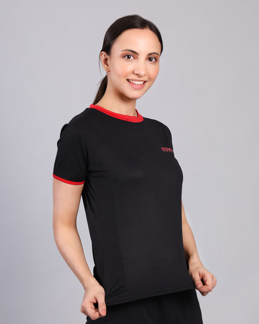 STAG GLOBAL Crest Women's Sports T-Shirt | Black/Pink | 100% Polyester | Lightweight & Quick Dry