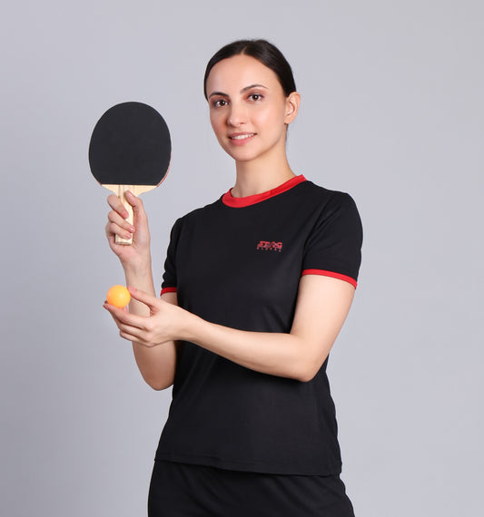 STAG GLOBAL Crest Women's Sports T-Shirt | Black/Pink | 100% Polyester | Lightweight & Quick Dry