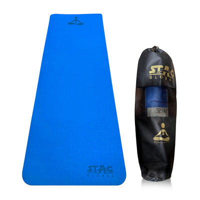 STAG GLOBAL Yoga Mantra Plain Blue Mat With Bag, 4MM Thickness