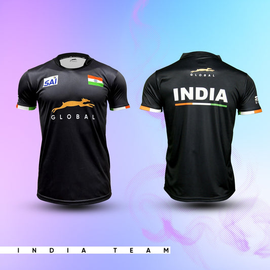 STAG GLOBAL Team India Sports Jersey for Men & Women | Peach Mesh Fabric | 4-Way Stretch | Breathable Athletic T-Shirt | Black
