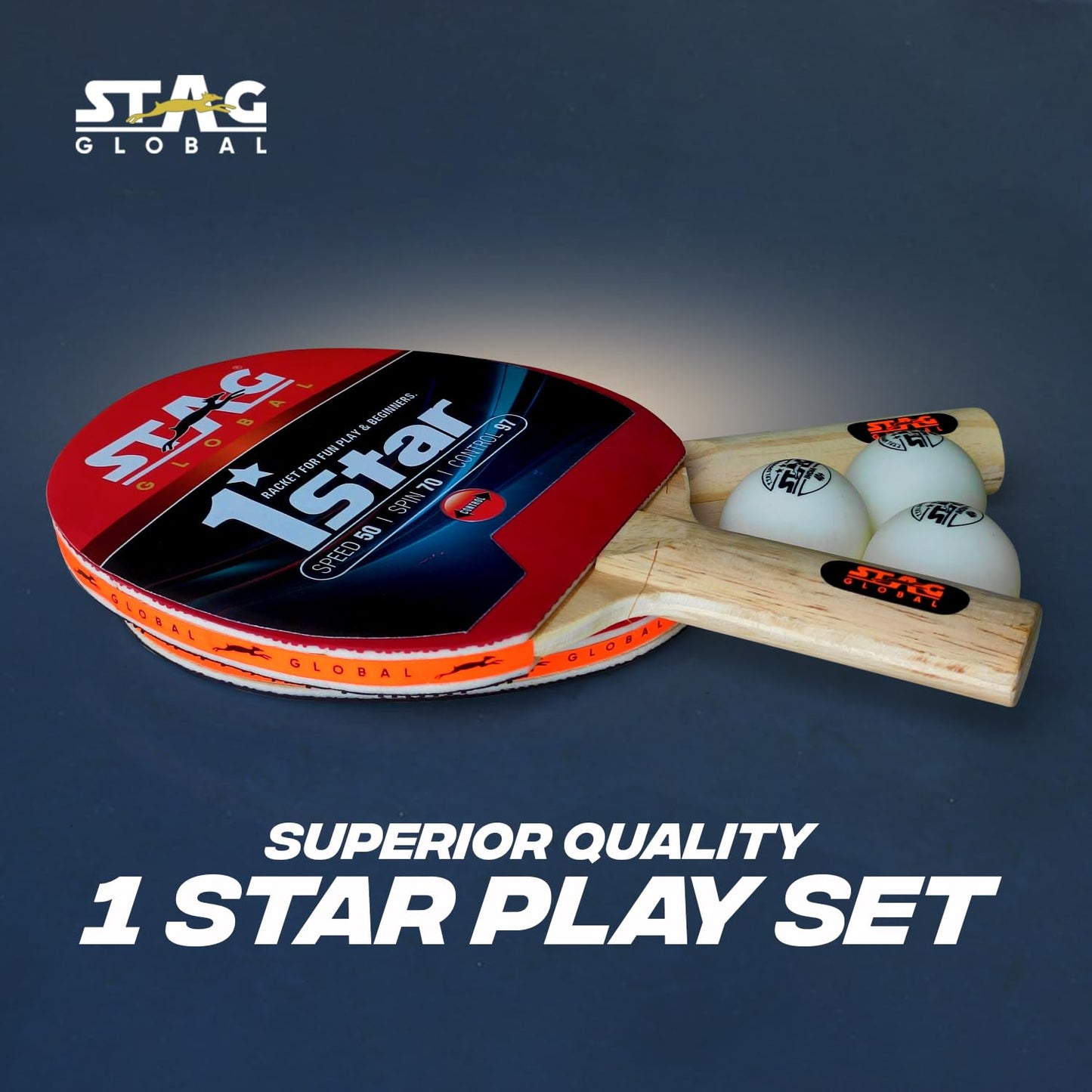 (2023 Model) STAG Global 1 Star Table Tennis Playset (2 Racquets & 3 Balls) (White Ball)