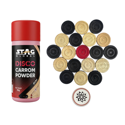 STAG GLOBAL Carrom Combo Set | 24 Wooden Carrom Coins with 1 Striker + 70g Carrom Powder | Durable & Lightweight | Smooth Gameplay | Ideal for Family, Clubs & Indoor Board Games ( Carrom Not Included )