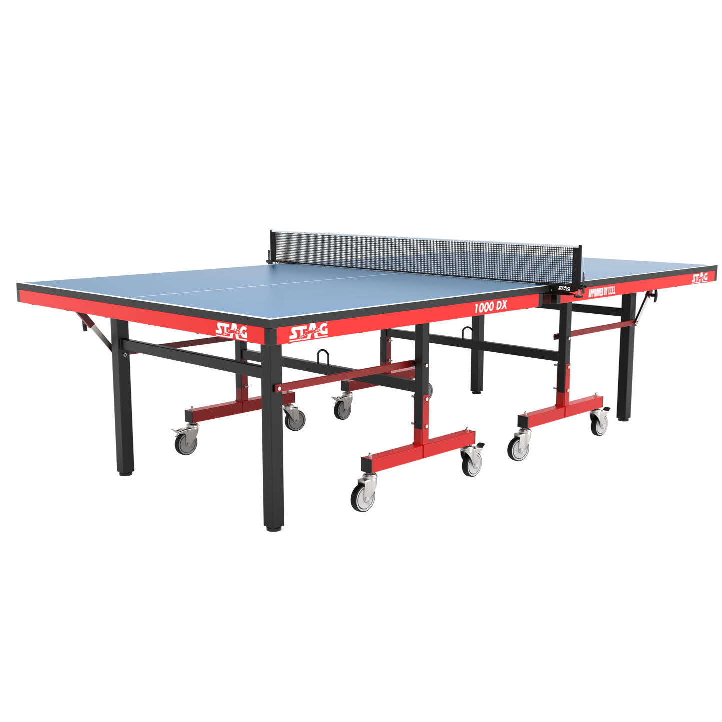 STAG GLOBAL Deluxe 1000 DX Table Tennis Table | 25mm Blue Top with 2 TT Rackets | 6 Balls | 1 Table Cover & Clamp Net