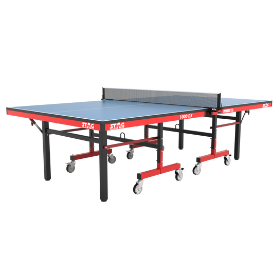 STAG GLOBAL Deluxe 1000 DX Table Tennis Table | 25mm Blue Top with 2 TT Rackets | 6 Balls | 1 Table Cover & Clamp Net