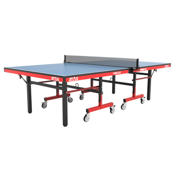 STAG GLOBAL Deluxe 1000 DX Table Tennis Table | 25mm Blue Top with 2 TT Rackets | 6 Balls | 1 Table Cover & Clamp Net