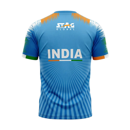 STAG GLOBAL Team India Sports Jersey for Men & Women | Peach Mesh Fabric | 4-Way Stretch | Breathable Athletic T-Shirt | Black & Sky  Blue