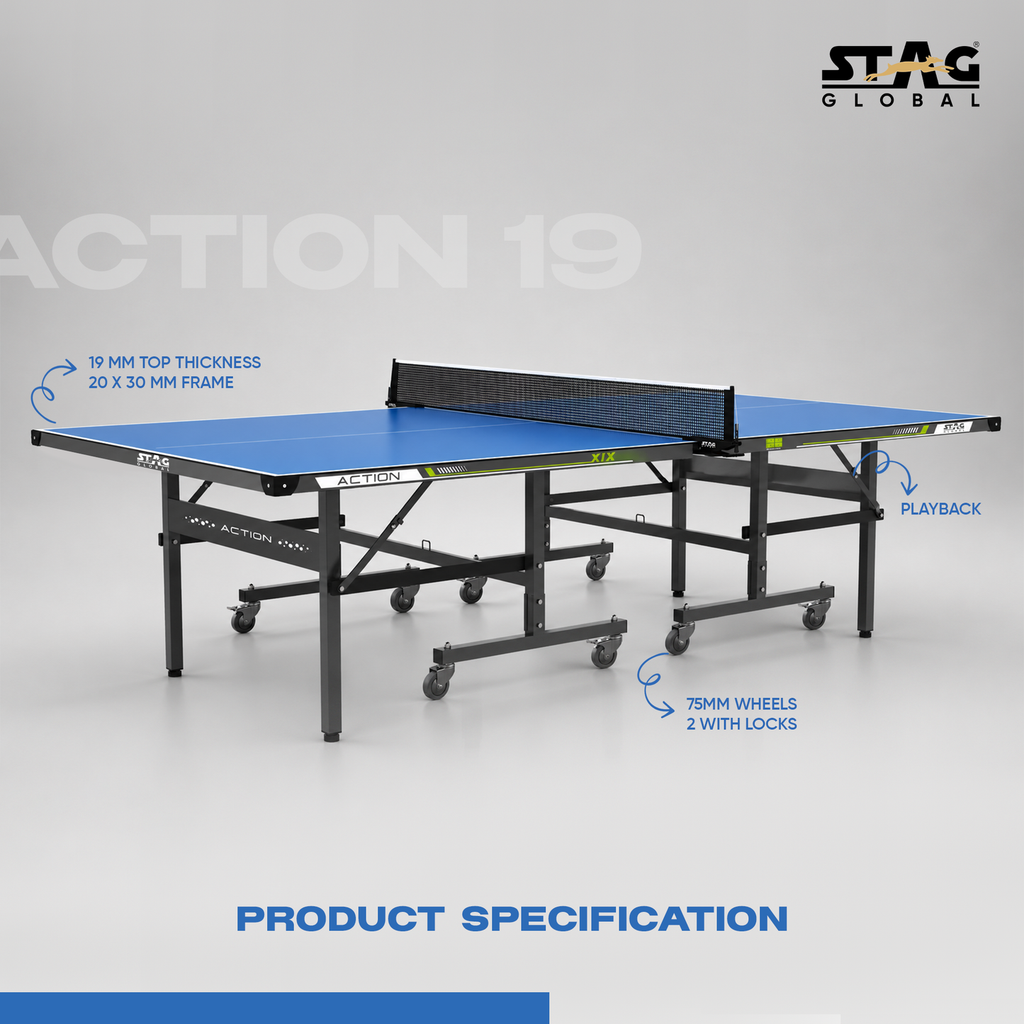 STAG GLOBAL Action Table Tennis Table Blue Top | Thickness 16mm, 19mm with 1 Table Cover | 2 TT Rackets, 6 Balls | 1 Clamp Net