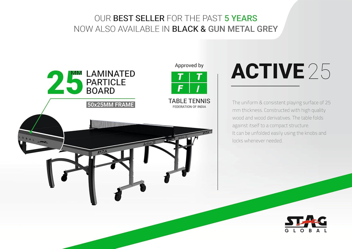 STAG GLOBAL Active Series Table Tennis Table With 2 Racket, 6 Balls, Clamp Net, 1 Cover