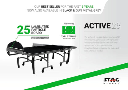 STAG GLOBAL Active Series Table Tennis Table With 2 Racket, 6 Balls, Clamp Net, 1 Cover