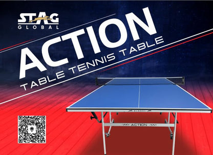 STAG GLOBAL Action Table Tennis Table Blue Top | Thickness 16mm with 1 Table Cover | 2 TT Rackets, 6 Balls | 1 Clamp Net