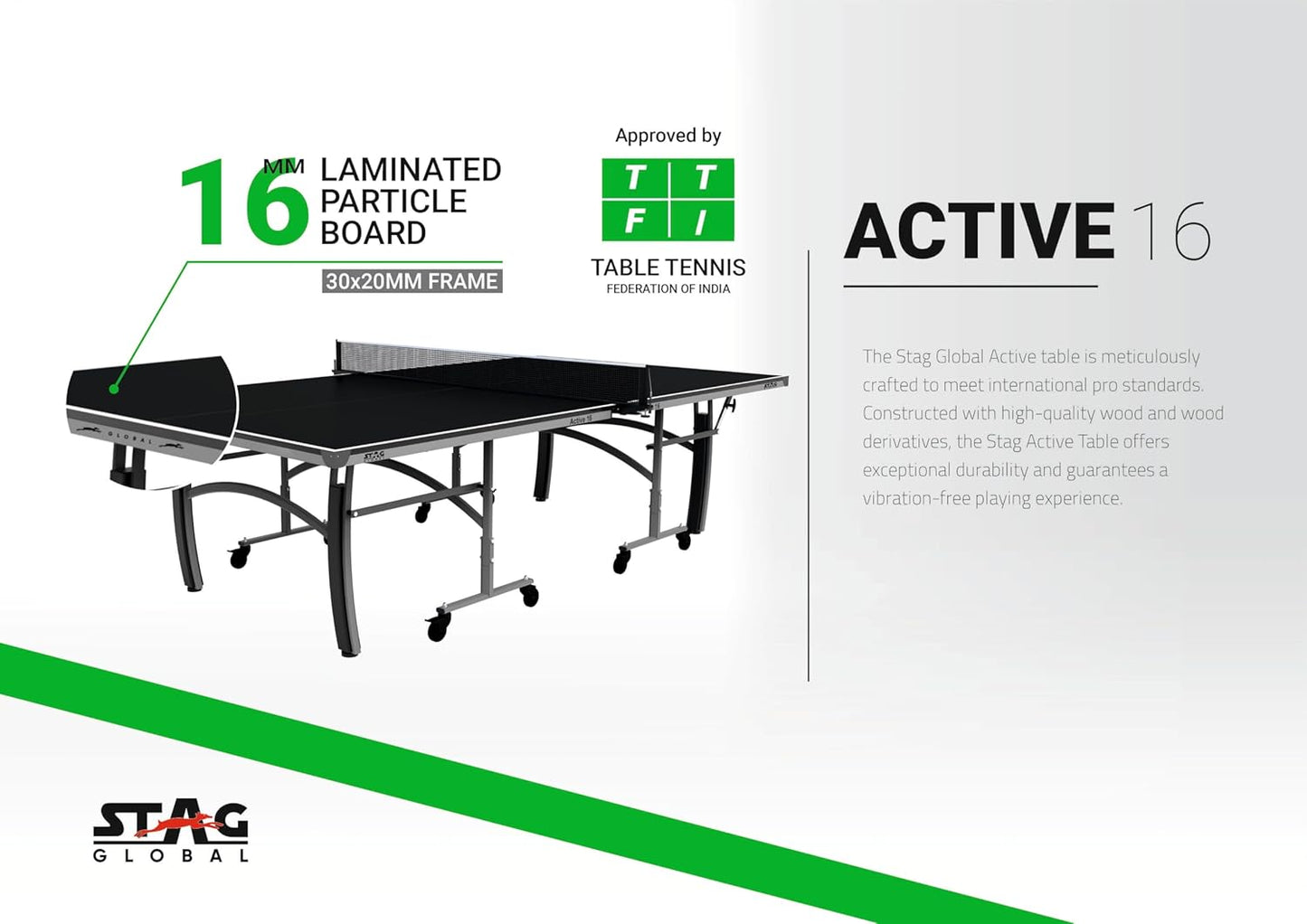 STAG GLOBAL Active Series Table Tennis Table With 2 Racket, 6 Balls, Clamp Net, 1 Cover