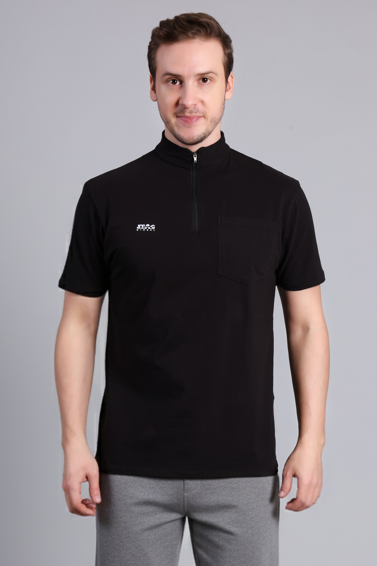 STAG GLOBAL Hustle 100% Cotton Zipper T-Shirt with Pocket | Half Sleeve, 180 GSM, Pocket Design