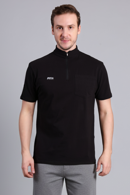 STAG GLOBAL Hustle 100% Cotton Zipper T-Shirt with Pocket | Half Sleeve, 180 GSM, Pocket Design