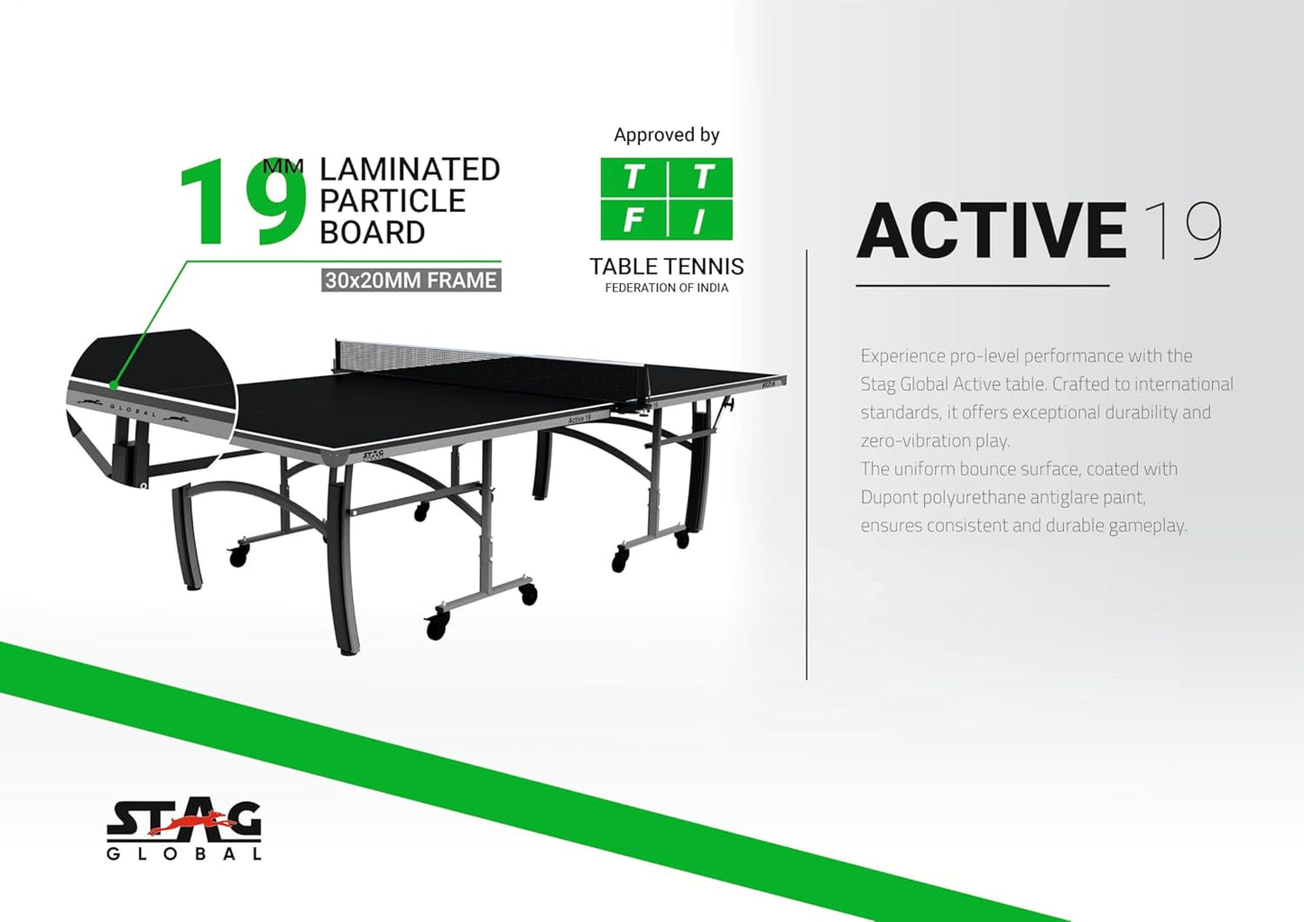 STAG GLOBAL Active Series Table Tennis Table With 2 Racket, 6 Balls, Clamp Net, 1 Cover
