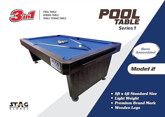 STAG GLOBAL 3 in 1 Pool Table with Table Tennis Table and Dinning Table | 4 feet x 8 feet | Wooden Table | All Accessories Included