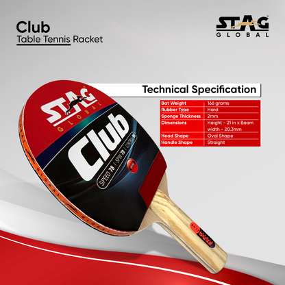 STAG GLOBAL Club Table Tennis Racket | Speed 78  | Spin 70 | Control 95 |  Beginner Training Series Ping Pong Racket