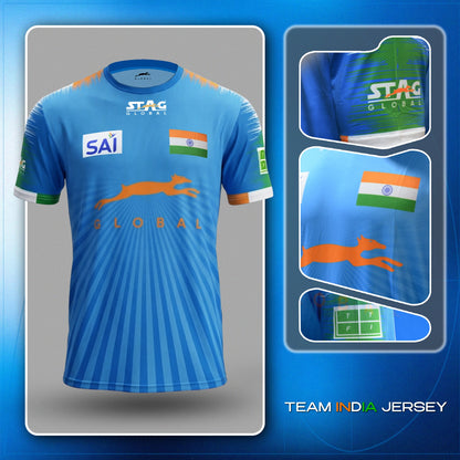 STAG GLOBAL Team India Sports Jersey for Men & Women | Peach Mesh Fabric | 4-Way Stretch | Breathable Athletic T-Shirt | Black & Sky  Blue