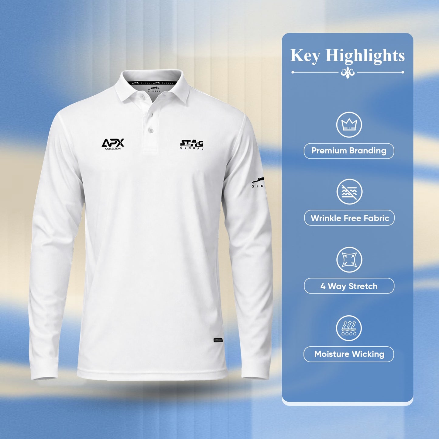 Stag Global APX Pure White Full Sleeve Sports Set for Men & Women | Collared T-Shirt with Track Pant | Moisture Wicking | 4-Way Stretch
