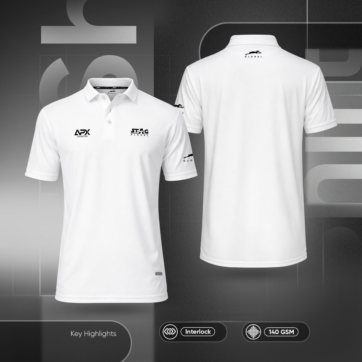 Stag Global APX Pure White Sports T-Shirt for Men | Half Sleeve Collar Neck | 4-Way Stretch | Moisture Wicking | 140 GSM Interlock Fabric