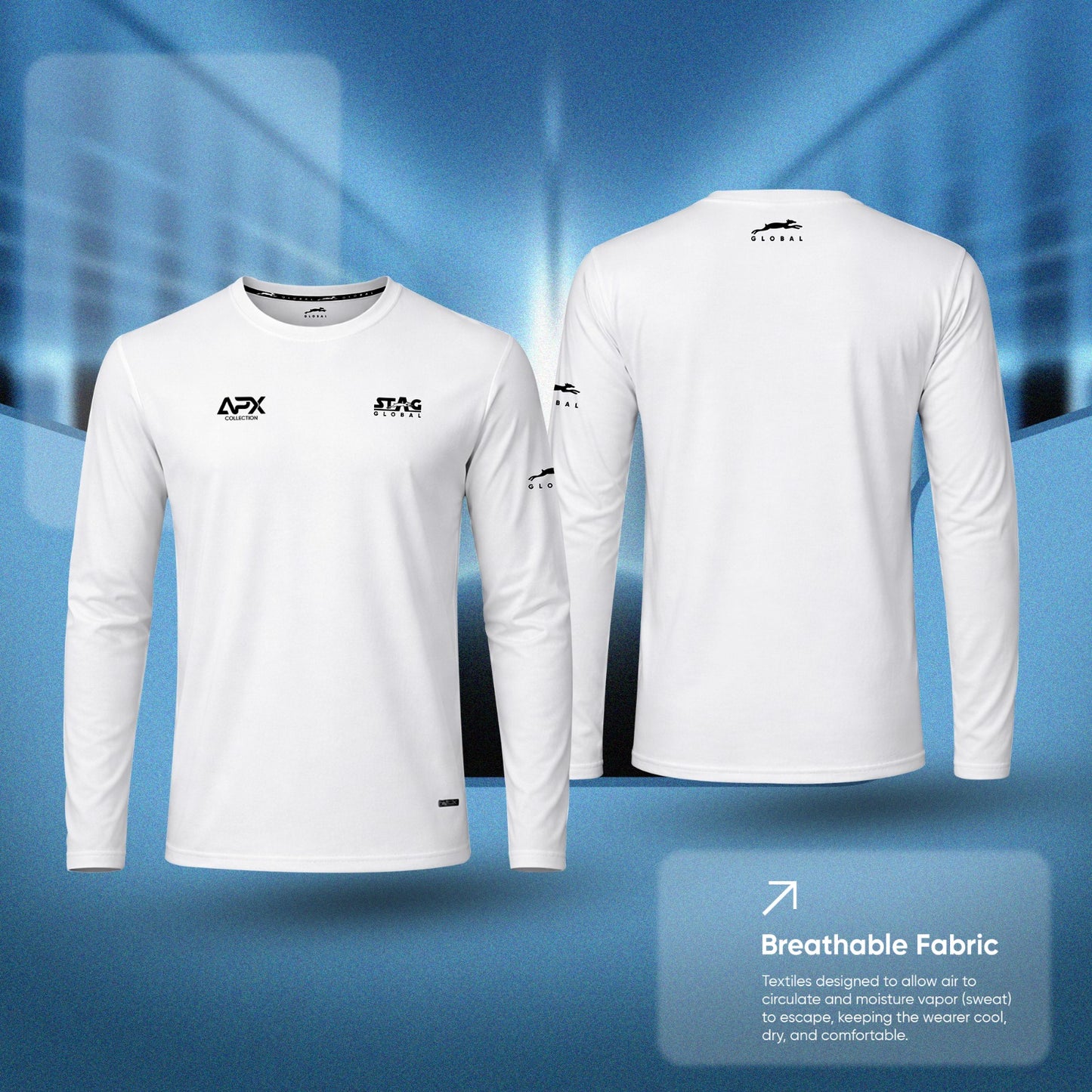 Stag Global APX Pure White Full Sleeve Sports T-Shirt for Men | Round Neck | 4-Way Stretch | Moisture Wicking | 140 GSM