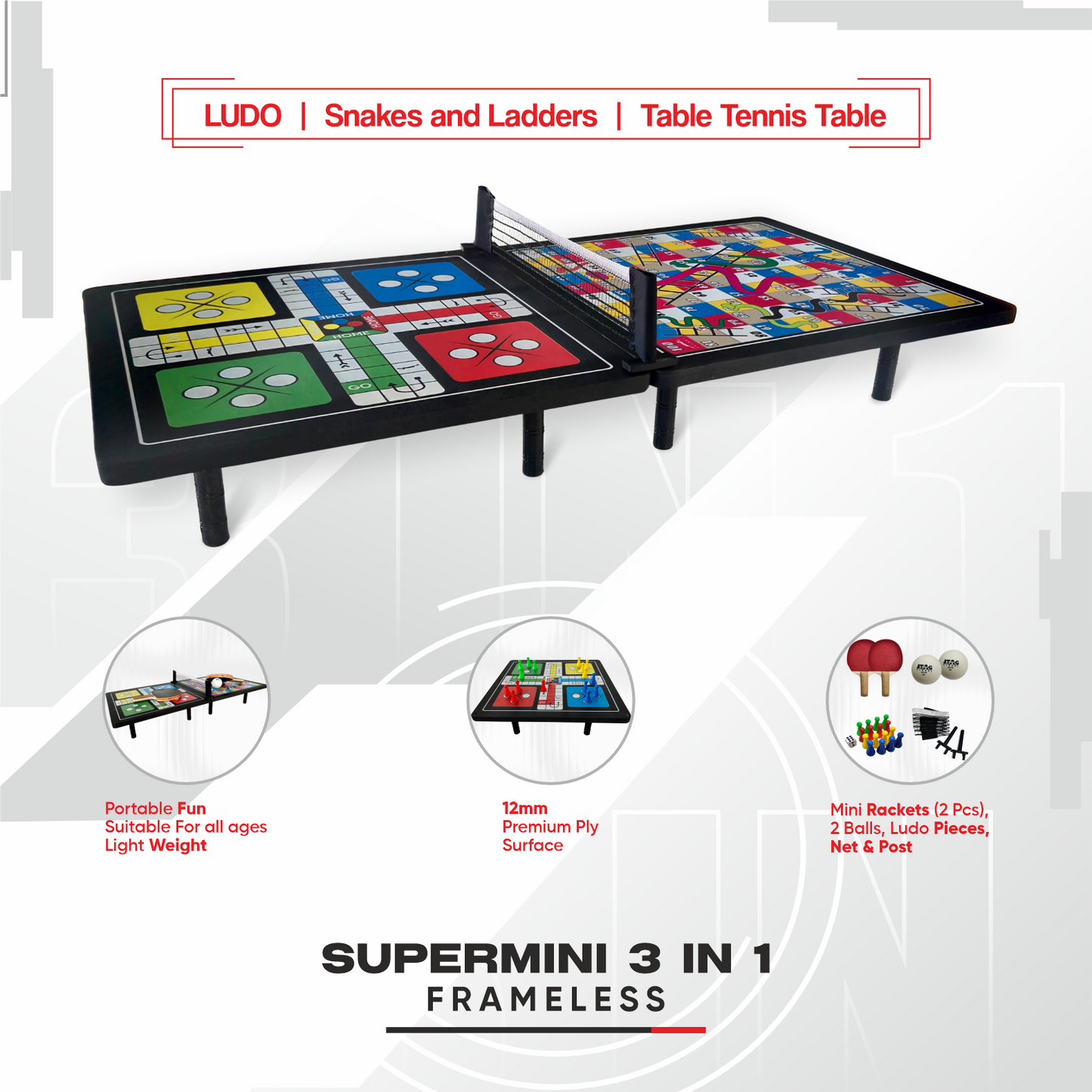 STAG GLOBAL (New Launch) Super Mini 3-in-1 Frameless Multi-Game Table | Space-Saving, Portable & Lightweight
