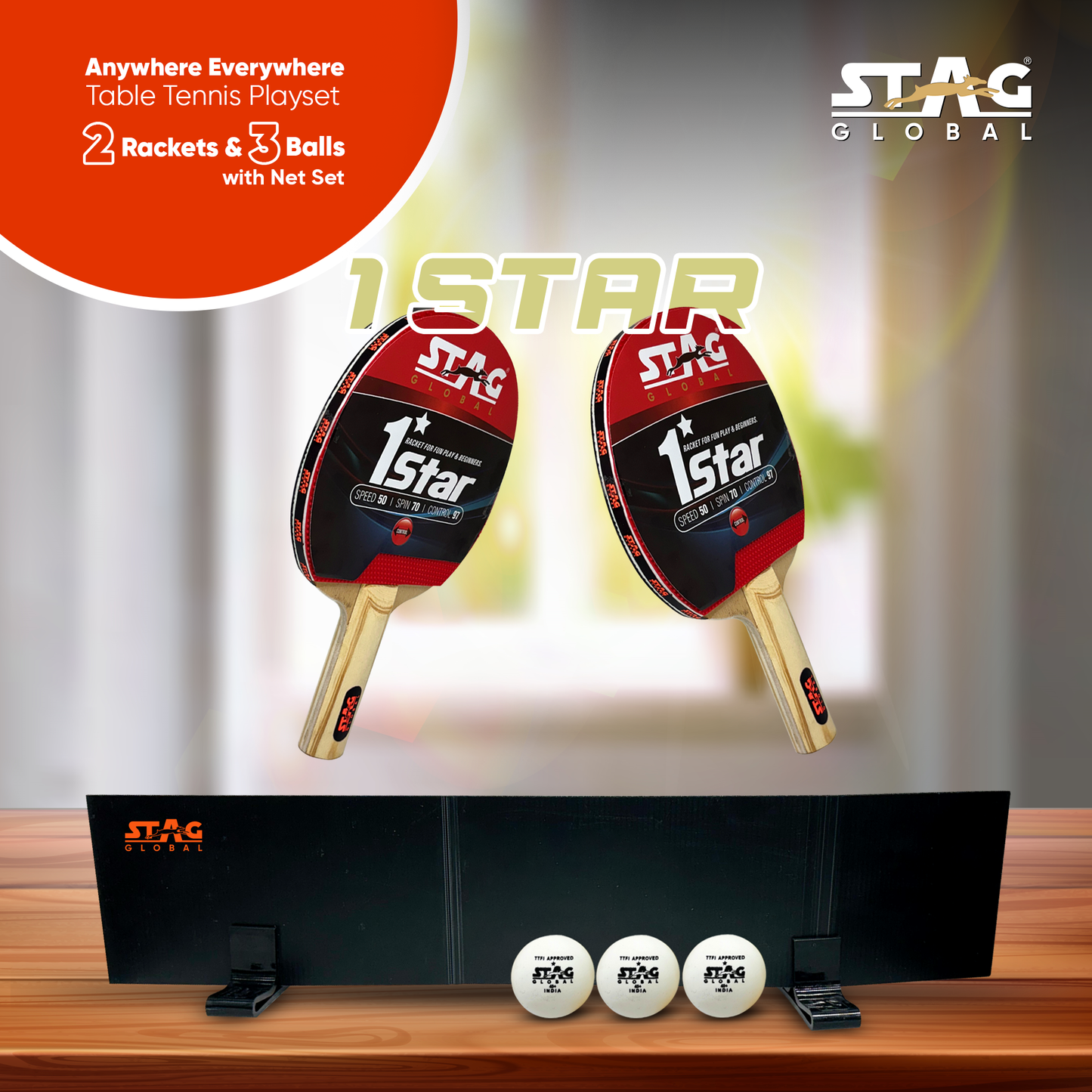 STAG GLOBAL Anywhere Everywhere Table Tennis Playset 2 Rackets & 3 Balls (Ball Colour - White)