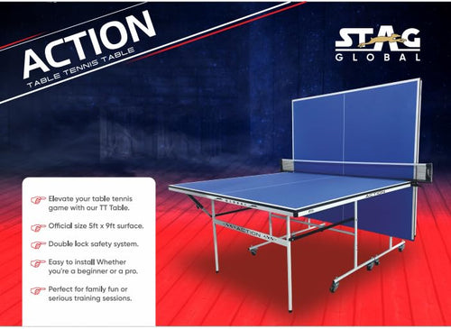 STAG GLOBAL  Action Tennis Table Blue Top | 1 Table Cover | 2 TT Rackets, 6 Balls | 1 Clamp Net Tennis Table Blue Top | 1 Table Cover | 2 TT Rackets, 6 Balls | 1 Clamp Net