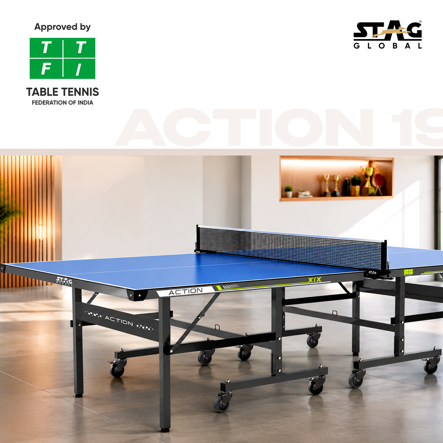 STAG GLOBAL Action Table Tennis Table Blue Top | Thickness 16mm, 19mm with 1 Table Cover | 2 TT Rackets, 6 Balls | 1 Clamp Net