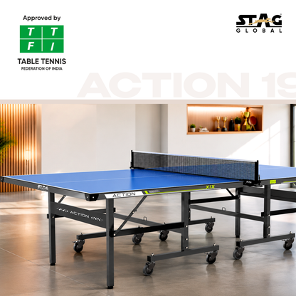 STAG GLOBAL Action Table Tennis Table Blue Top | Thickness 16mm, 19mm with 1 Table Cover | 2 TT Rackets, 6 Balls | 1 Clamp Net