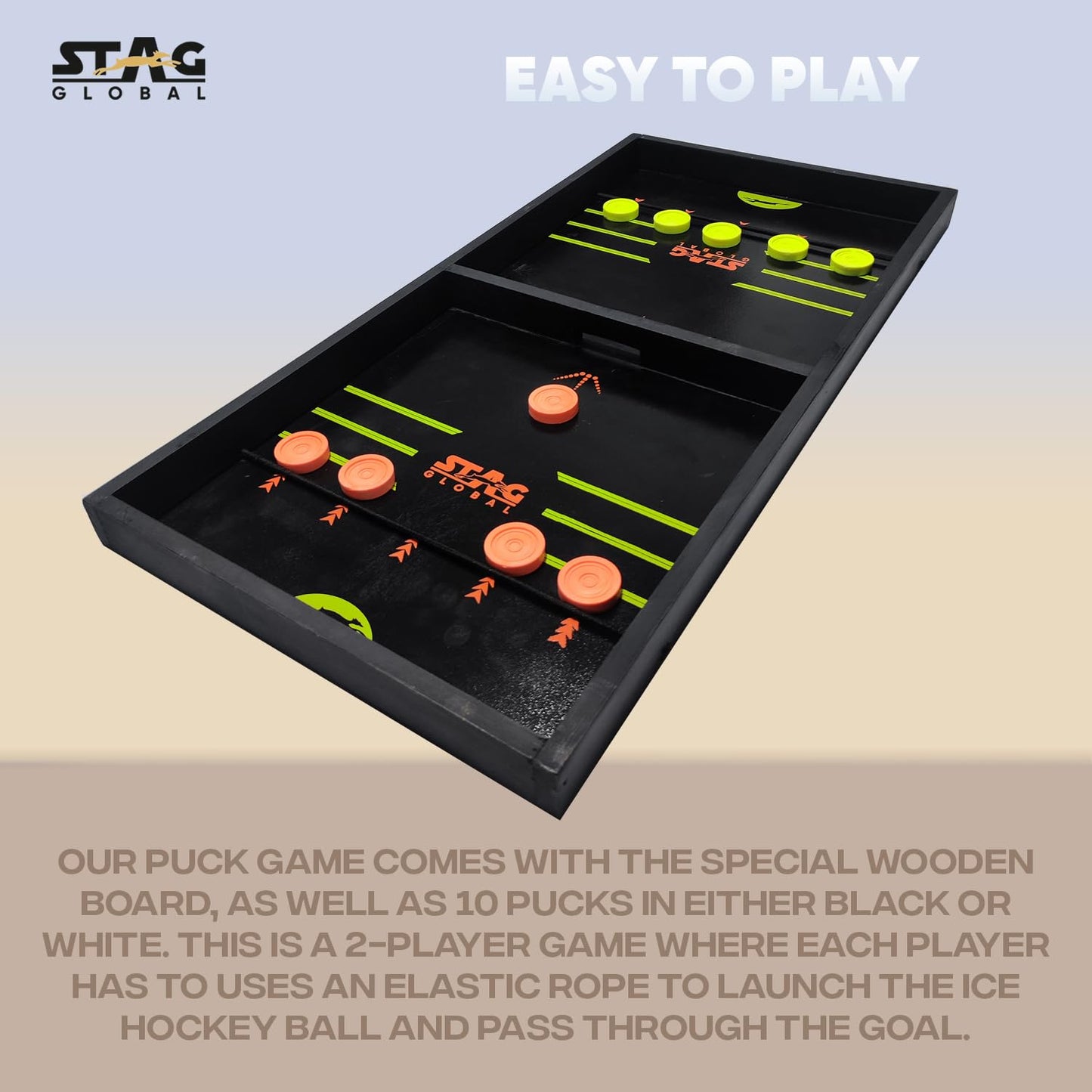 STAG GLOBAL Premium Wooden Large String Hockey Table Game |  Fast Sling Puck Game | Family Fun Game |  Game for All Ages