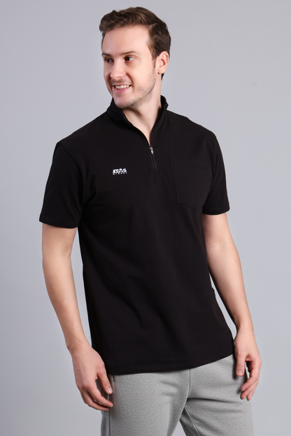 STAG GLOBAL Hustle 100% Cotton Zipper T-Shirt with Pocket | Half Sleeve, 180 GSM, Pocket Design