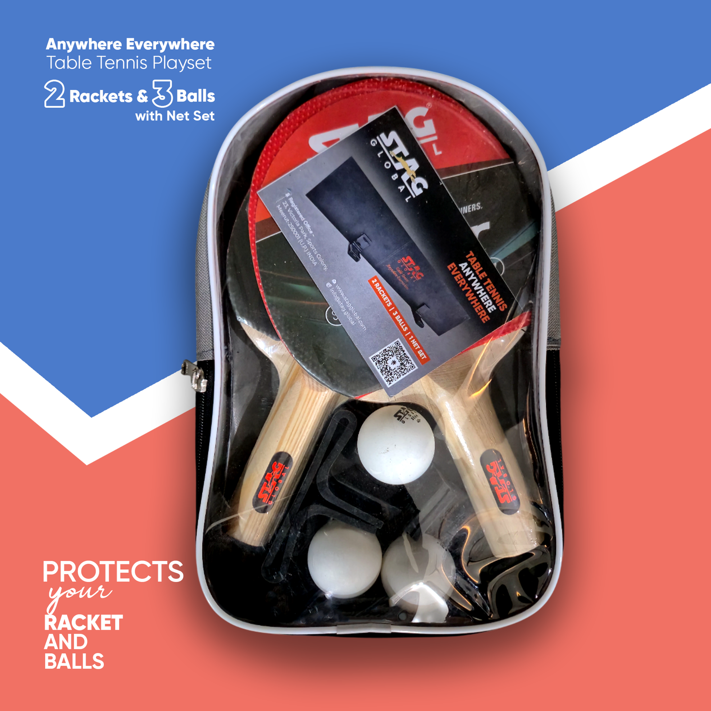 STAG GLOBAL Anywhere Everywhere Table Tennis Playset 2 Rackets & 3 Balls (Ball Colour - White)