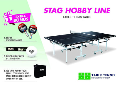 STAG GLOBAL Hobby Line 19mm Full-Size Table Tennis Table | with 2 TT Rackets | 6 Balls | 1 Table Cover | Clamp Net