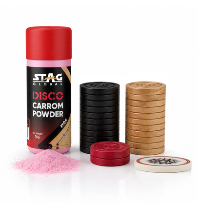STAG GLOBAL Carrom Combo Set | 24 Wooden Carrom Coins with 1 Striker + 70g Carrom Powder | Durable & Lightweight | Smooth Gameplay | Ideal for Family, Clubs & Indoor Board Games ( Carrom Not Included )