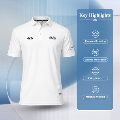 Stag Global APX Pure White Sports T-Shirt for Men | Half Sleeve Collar Neck | 4-Way Stretch | Moisture Wicking | 140 GSM Interlock Fabric