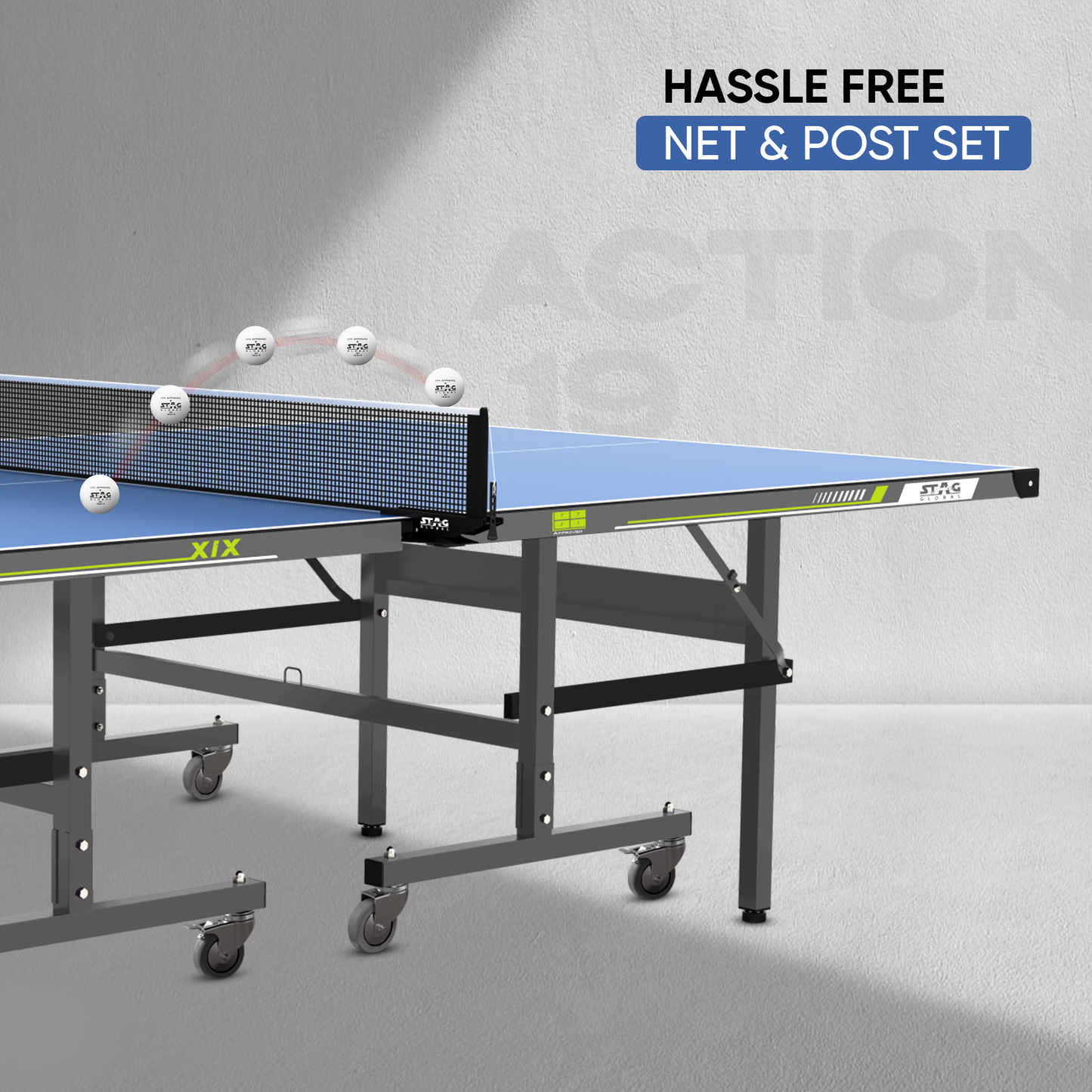 STAG GLOBAL Action Table Tennis Table Blue Top | Thickness 16mm, 19mm with 1 Table Cover | 2 TT Rackets, 6 Balls | 1 Clamp Net