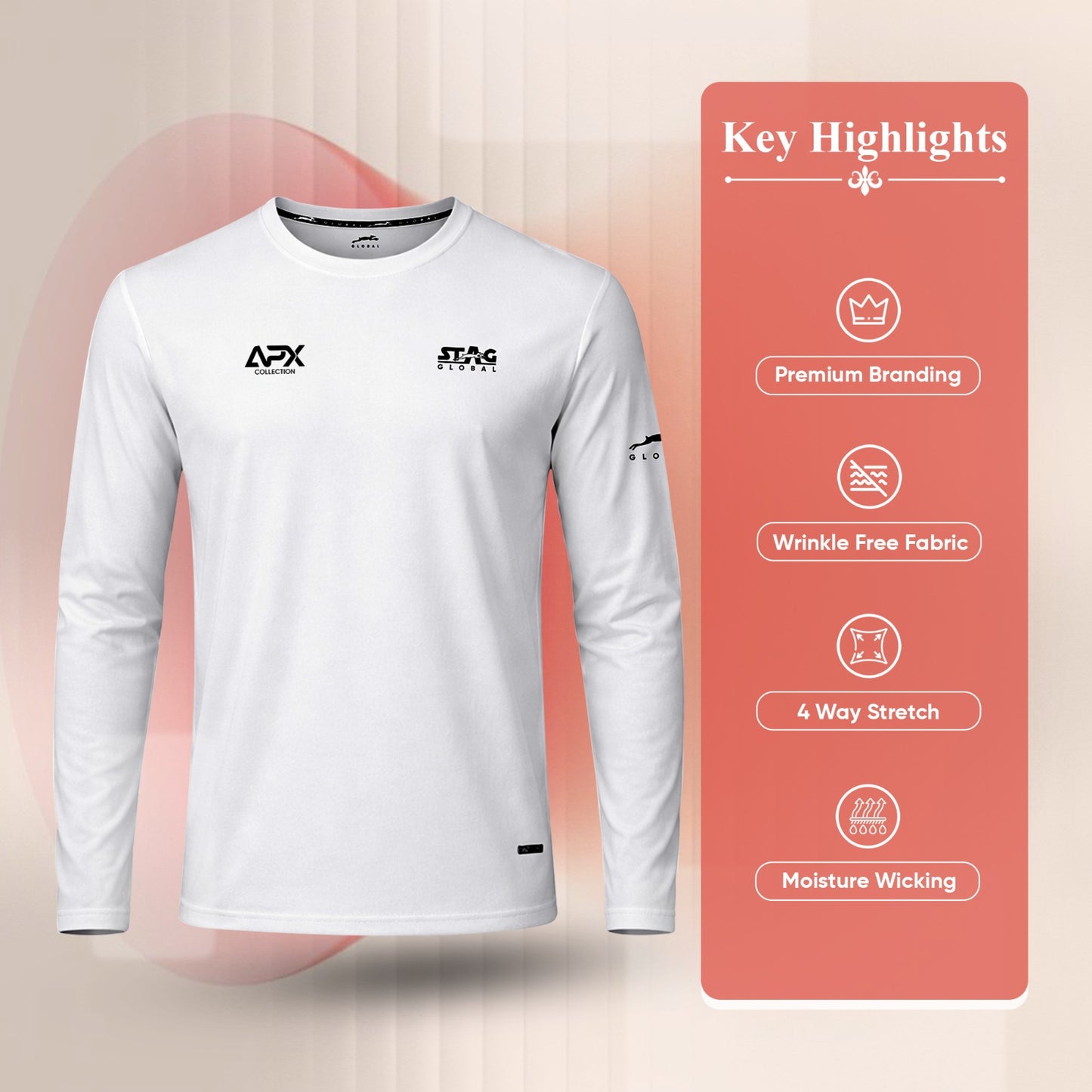 Stag Global APX Pure White Full Sleeve Sports T-Shirt for Men | Round Neck | 4-Way Stretch | Moisture Wicking | 140 GSM
