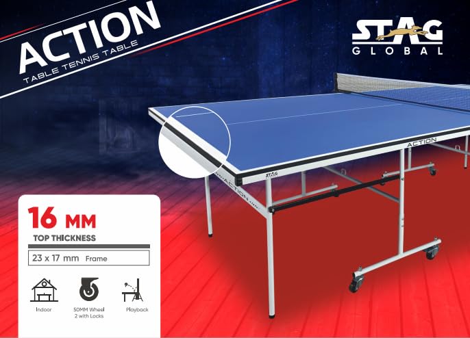 STAG GLOBAL Action Table Tennis Table Blue Top | Thickness 16mm with 1 Table Cover | 2 TT Rackets, 6 Balls | 1 Clamp Net