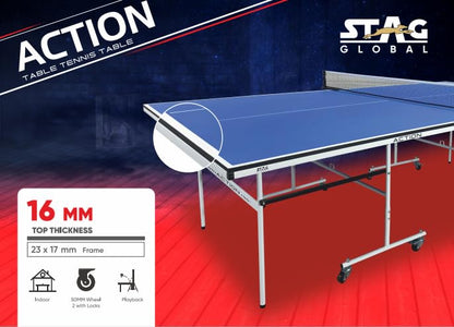 STAG GLOBAL Action Table Tennis Table Blue Top | Thickness 16mm with 1 Table Cover | 2 TT Rackets, 6 Balls | 1 Clamp Net