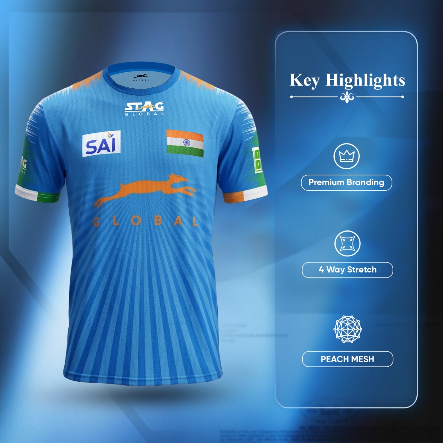 STAG GLOBAL Team India Sports Jersey for Men & Women | Peach Mesh Fabric | 4-Way Stretch | Breathable Athletic T-Shirt | Black & Sky  Blue