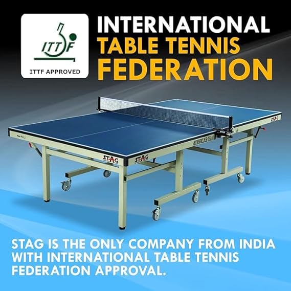 STAG GLOBAL Americas 16 Table Tennis Table 25mm Top (ITTF-Approved) Table with 2 TT Rackets, 6 Balls, 1 Table Cover & Clamp Net