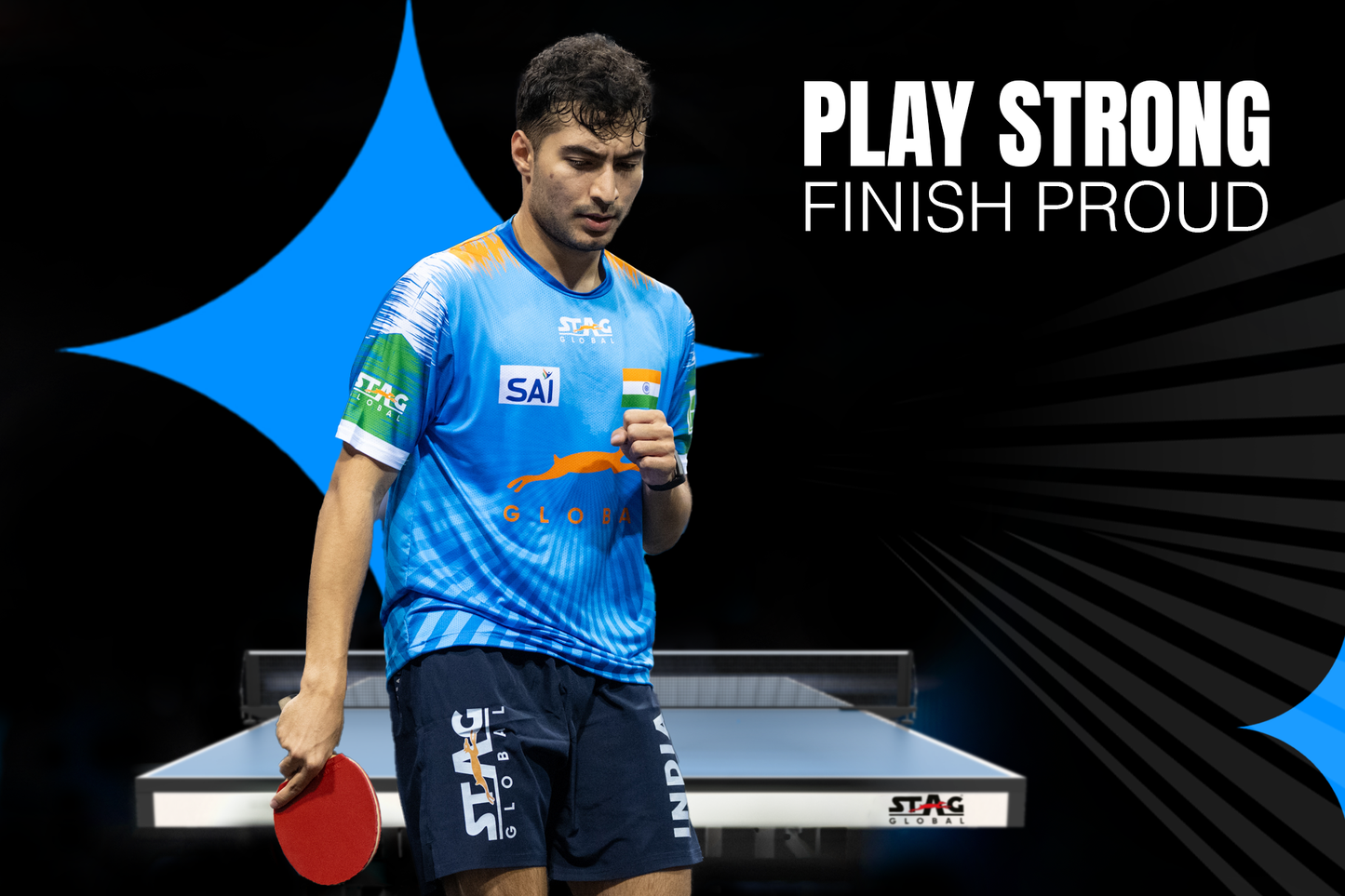 STAG GLOBAL Team India Sports Jersey for Men & Women | Peach Mesh Fabric | 4-Way Stretch | Breathable Athletic T-Shirt | Black & Sky  Blue