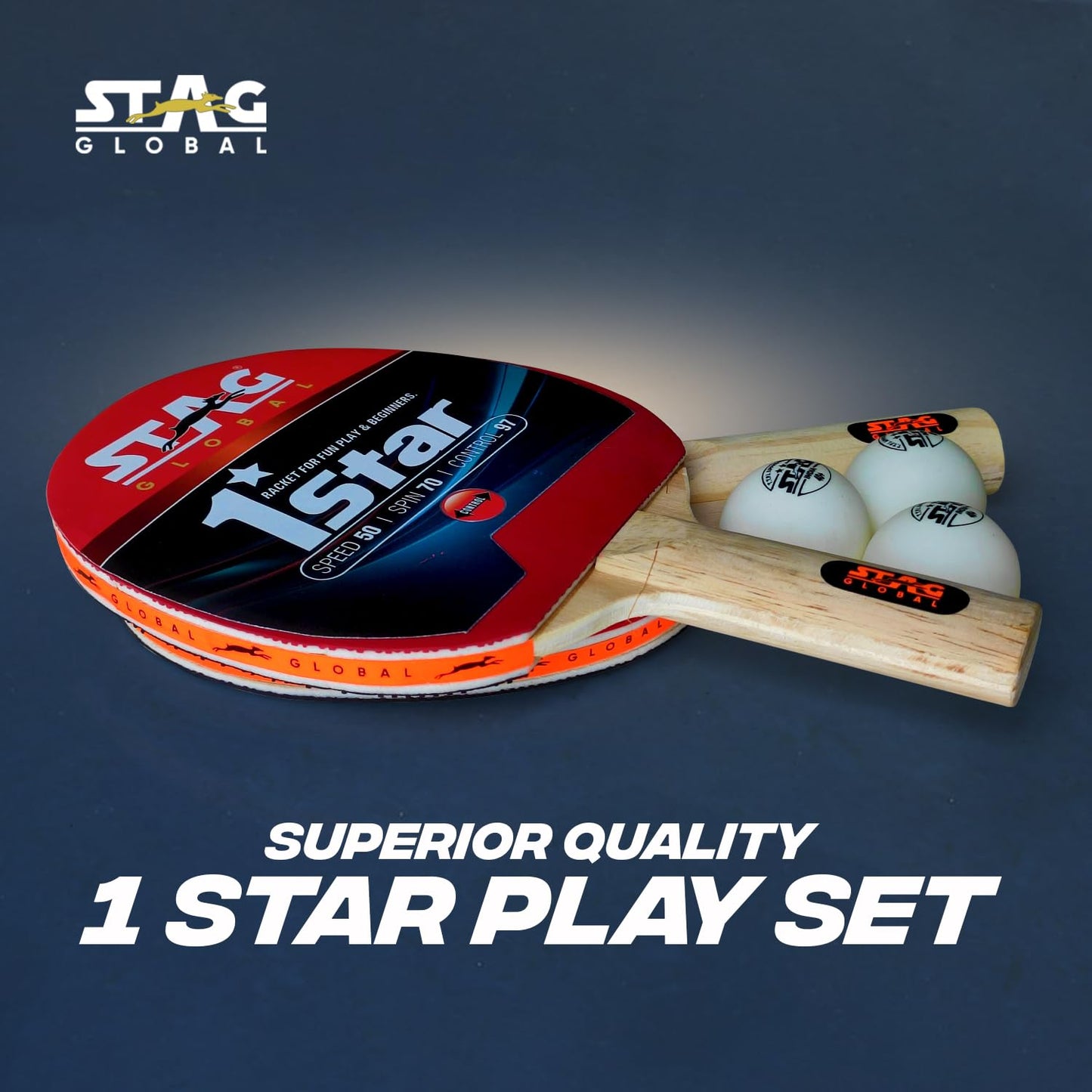 STAG GLOBAL 1 Star Table Tennis Playset (2 Racquets & 3 Balls), (Model: 1 Star Playset)