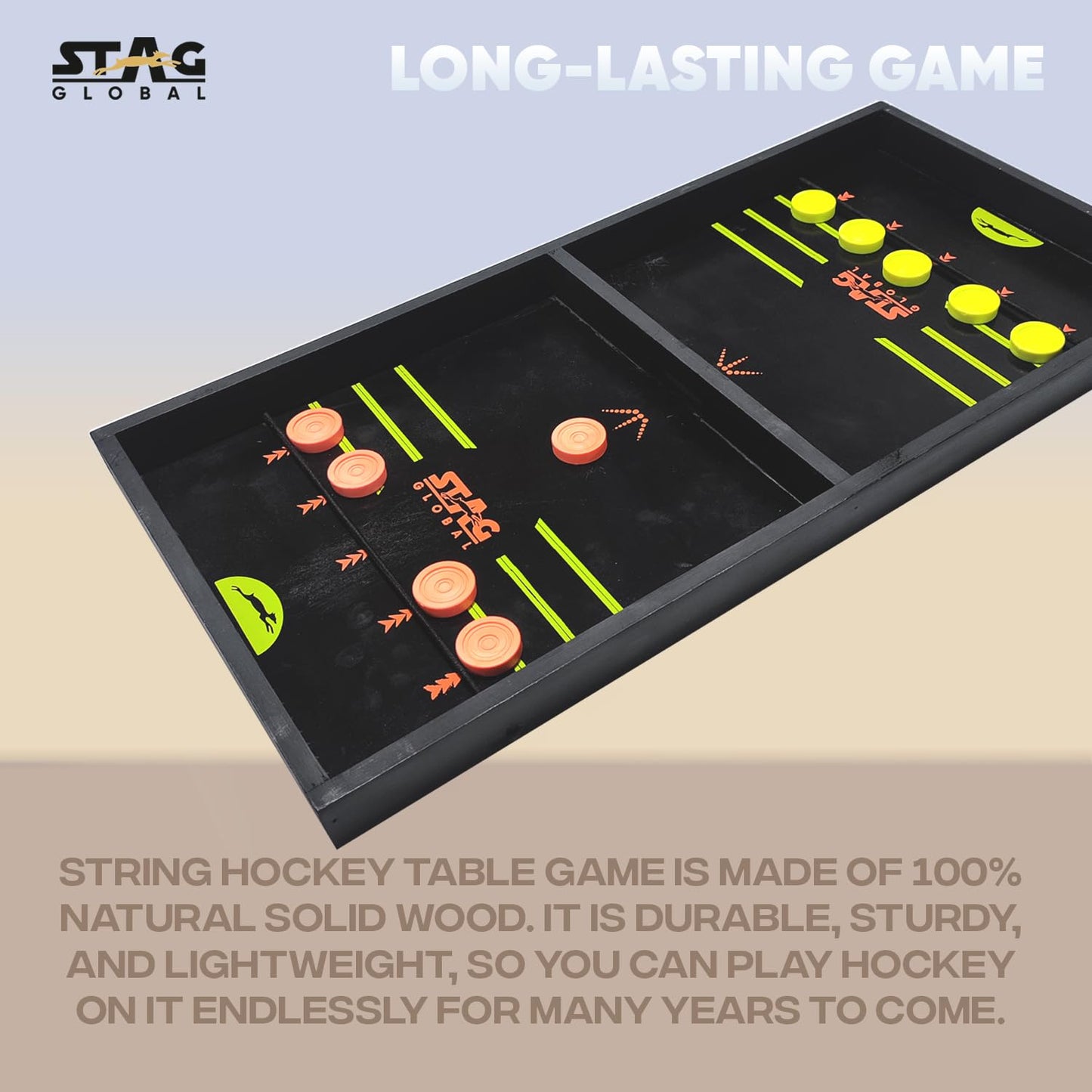 STAG GLOBAL Premium Wooden Large String Hockey Table Game |  Fast Sling Puck Game | Family Fun Game |  Game for All Ages