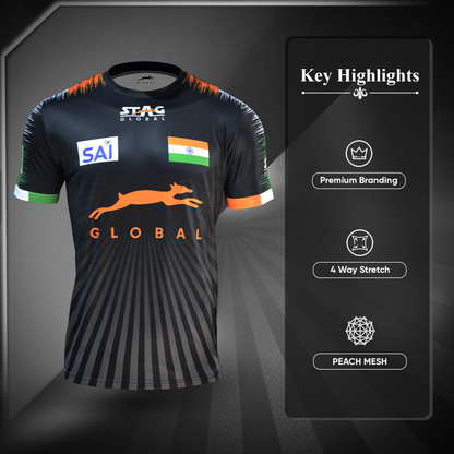 STAG GLOBAL Team India Sports Jersey for Men & Women | Peach Mesh Fabric | 4-Way Stretch | Breathable Athletic T-Shirt | Black & Sky  Blue