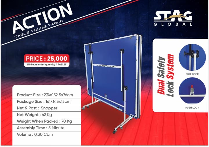 STAG GLOBAL Action Table Tennis Table Blue Top | Thickness 16mm with 1 Table Cover | 2 TT Rackets, 6 Balls | 1 Clamp Net
